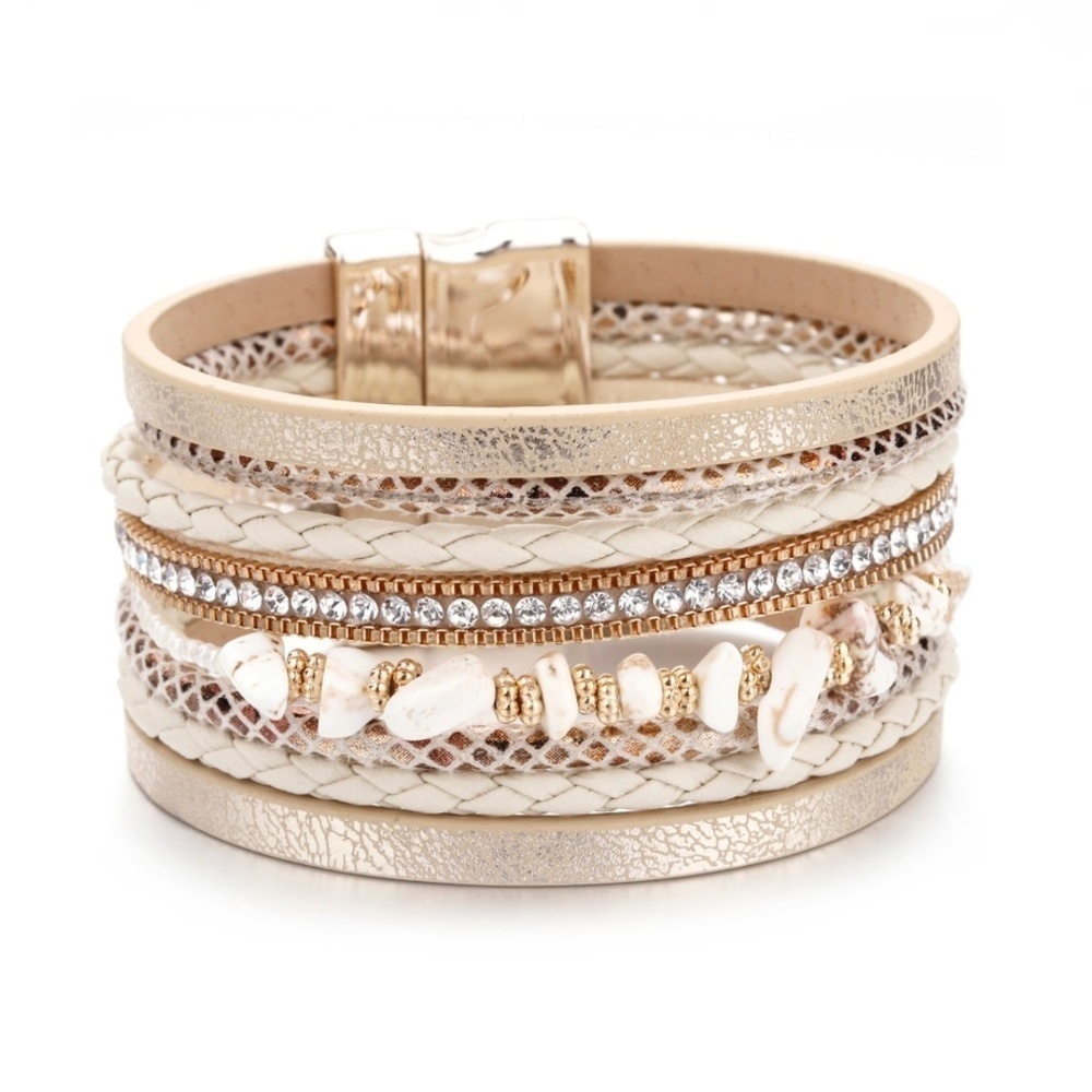 Elegant Beige & White Faux Leather Howlite Gemstone Bracelet with Magnetic Clasp